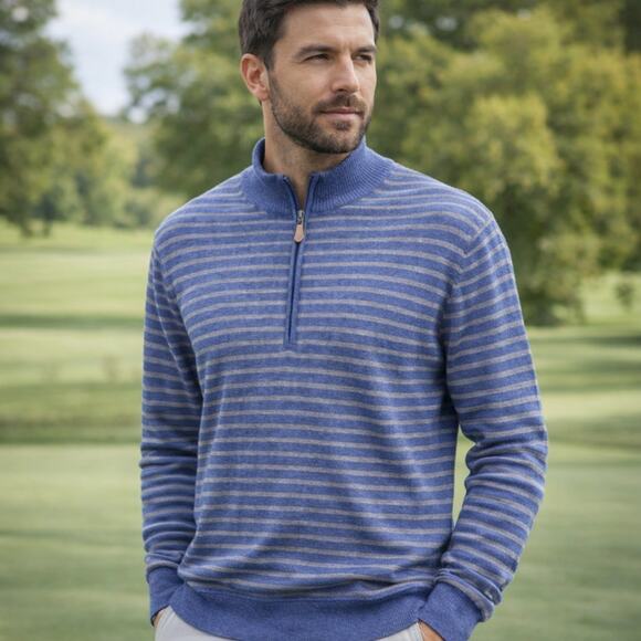 Donald Ross Other - Donald Ross Men's SZ M 100% Merino Wool Blue Gray Striped 1/4 Zip Sweater